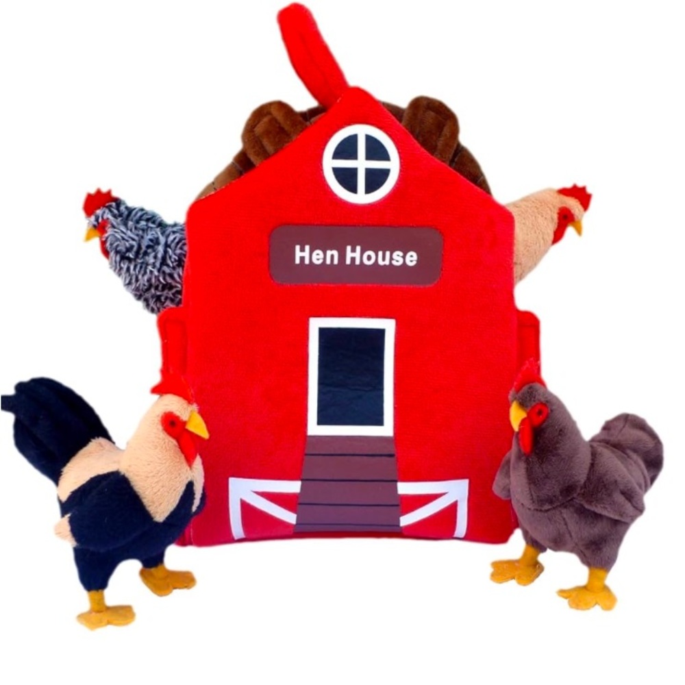 Adore Red Hen House Plush ToySet EUC w/4 Chickens, Complete, Soft, Travel Handle